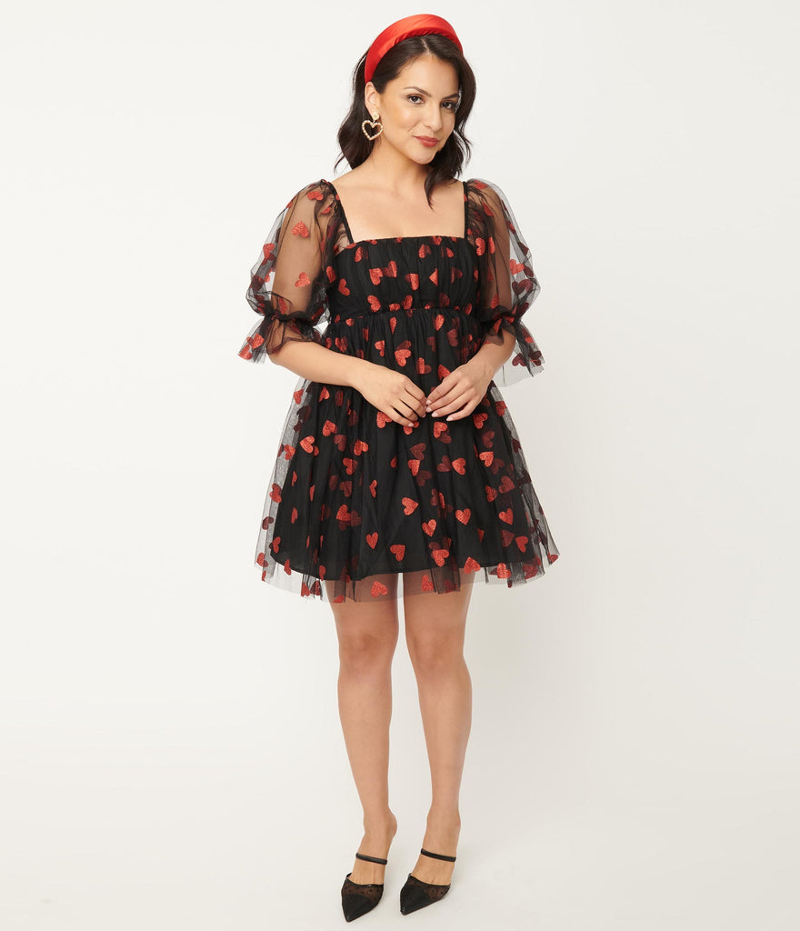 Smak Parlour Black Red Glitter Hearts Love Interest Babydoll