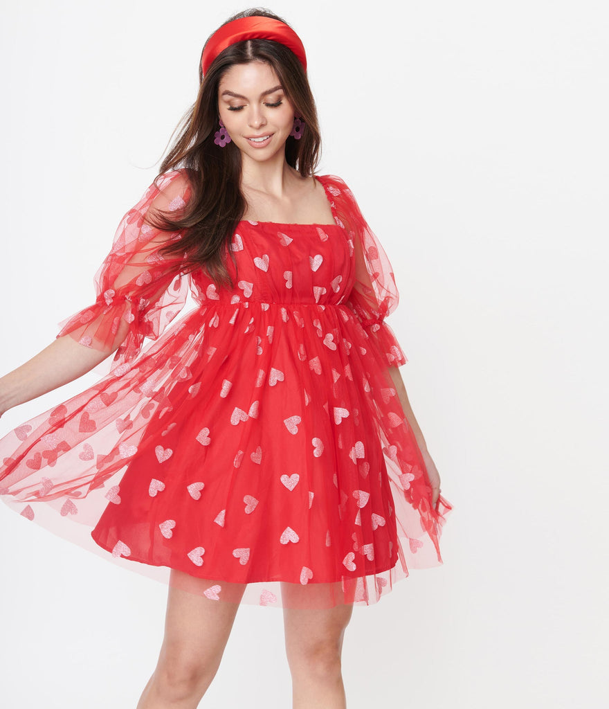 Smak Parlour Red Pink Glitter Hearts Love Interest Babydoll Dress XS S and XL ONLY Natasha Marie Clothing