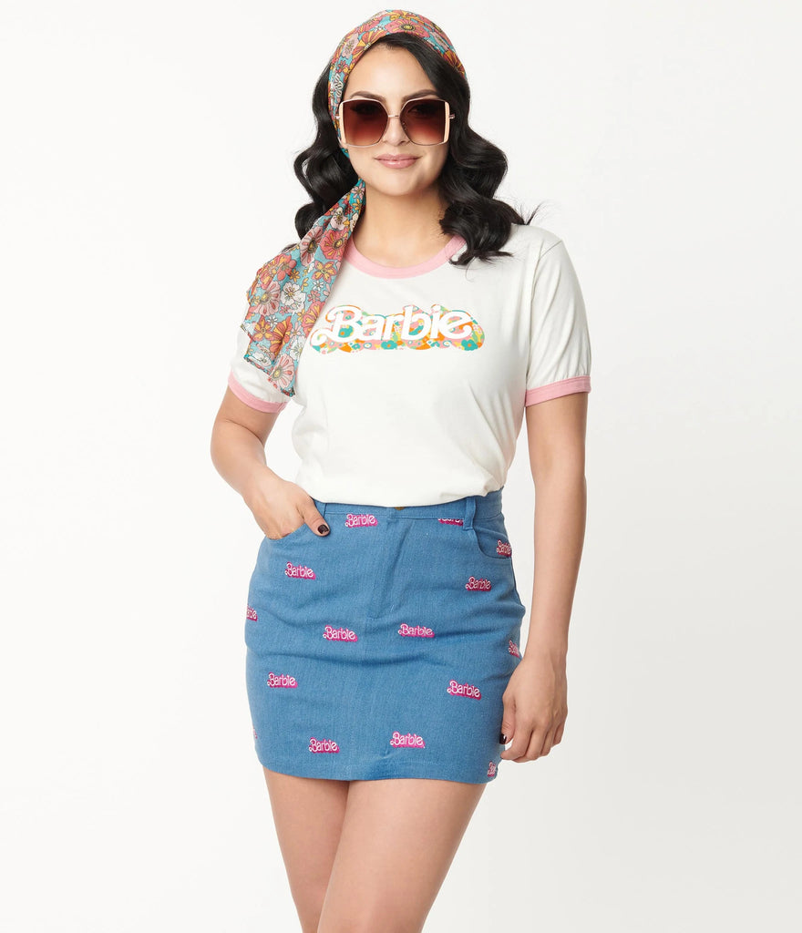 Barbie x Unique Vintage Barbie Logo Denim Mini Skirt Natasha Marie Clothing