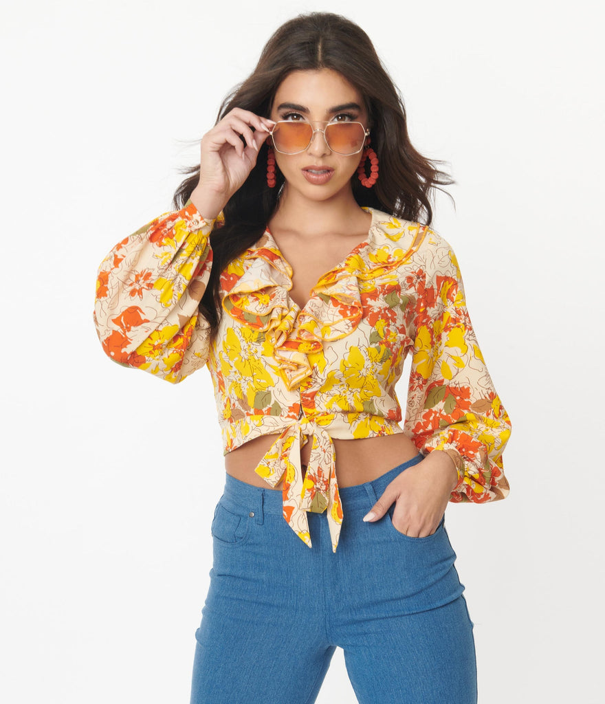 Unique Vintage Yellow Orange Floral Ruffled Ready Crop Top