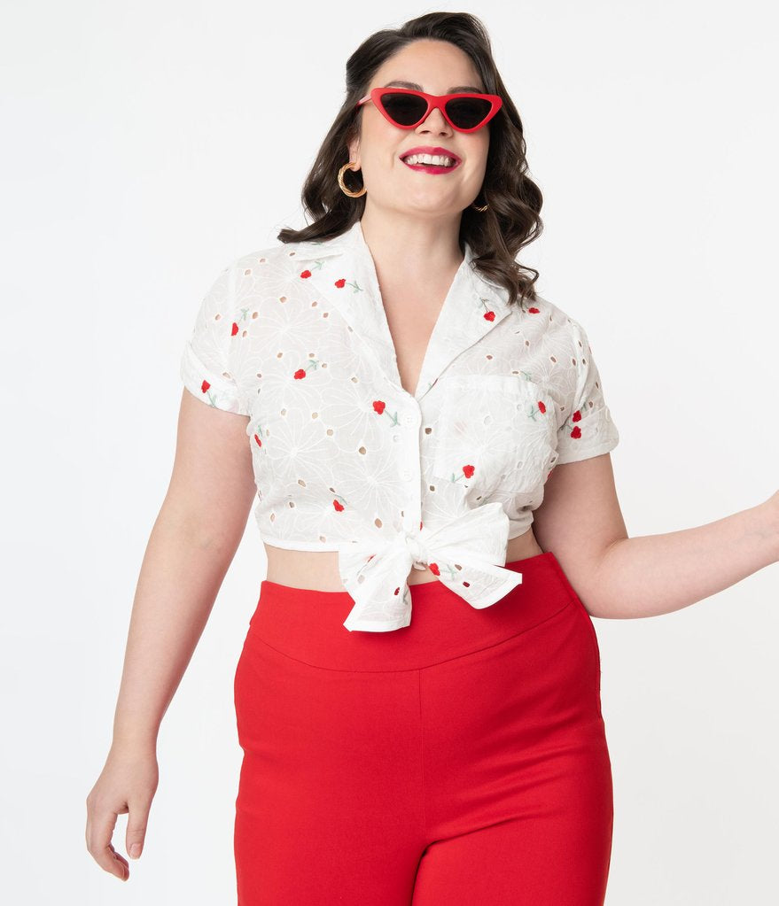 Unique Vintage White Eyelet Red Florals Shirley Crop Top M and