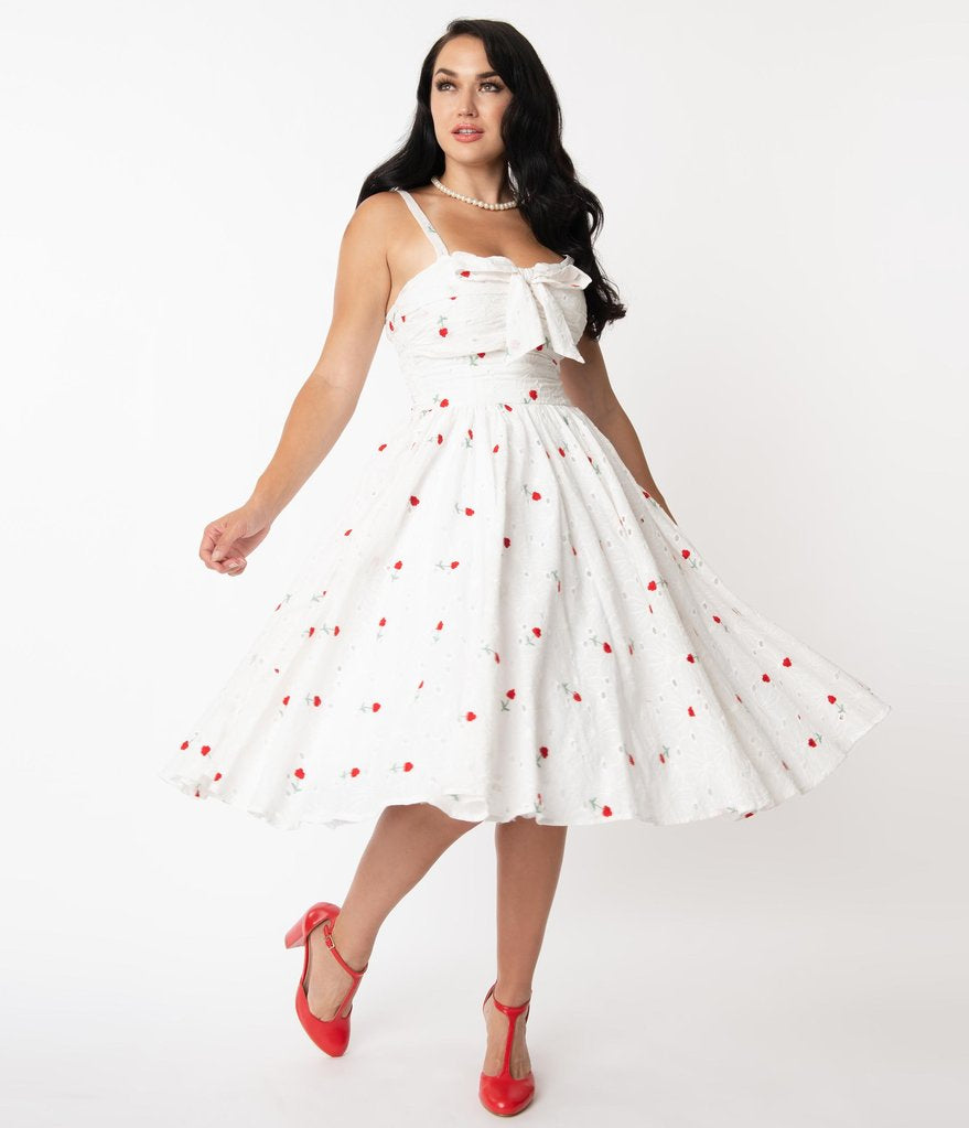 Unique Vintage White Eyelet & Red Roses Golightly Swing Dress (L ONLY)