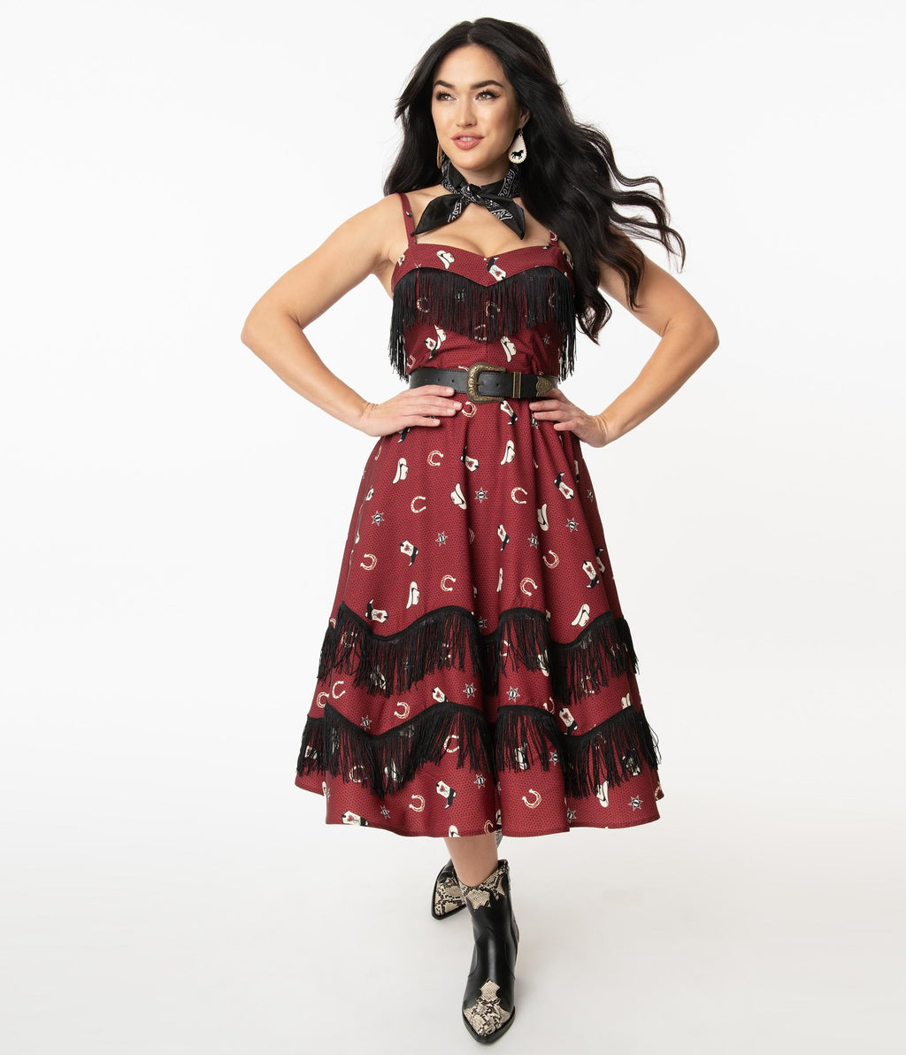 Unique Vintage Burgundy Cowgirl Print Girlie Swing Dress (XS, XL and 3XL ONLY)