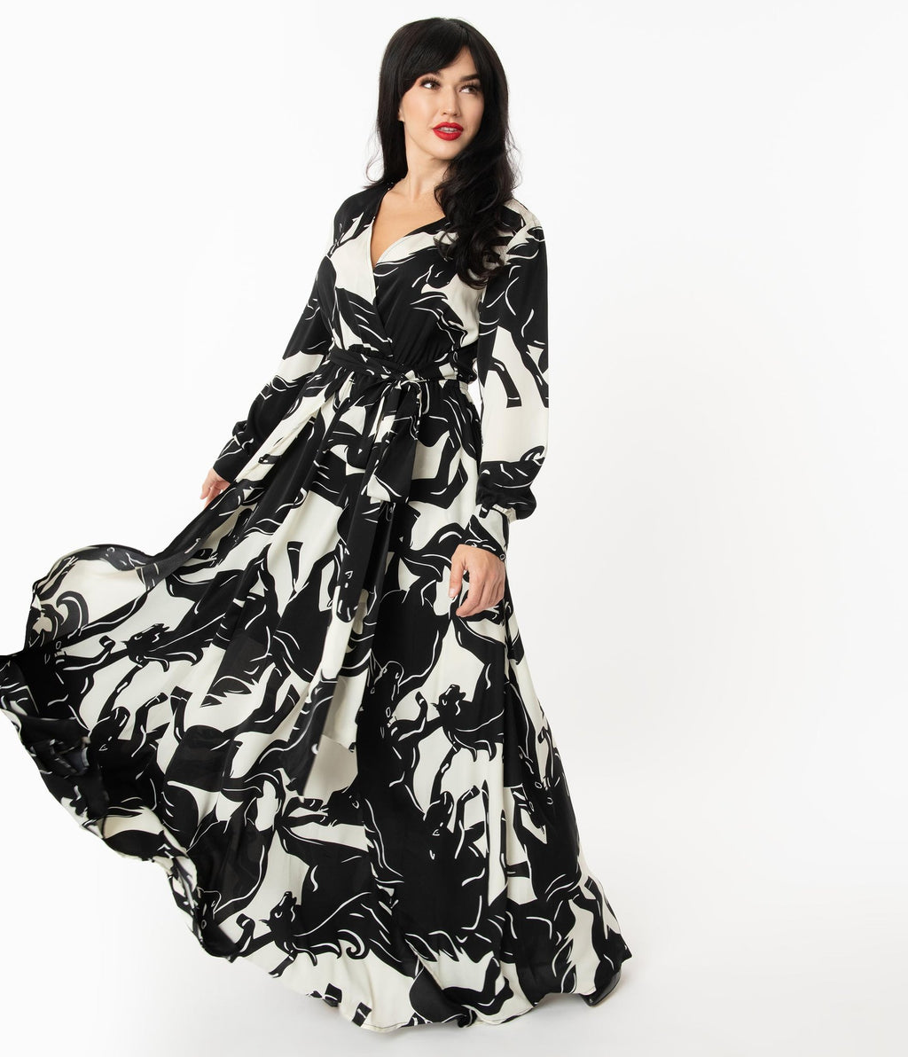 Unique Vintage Black & White Wild Horses Farrah Maxi Dress (M ONLY)