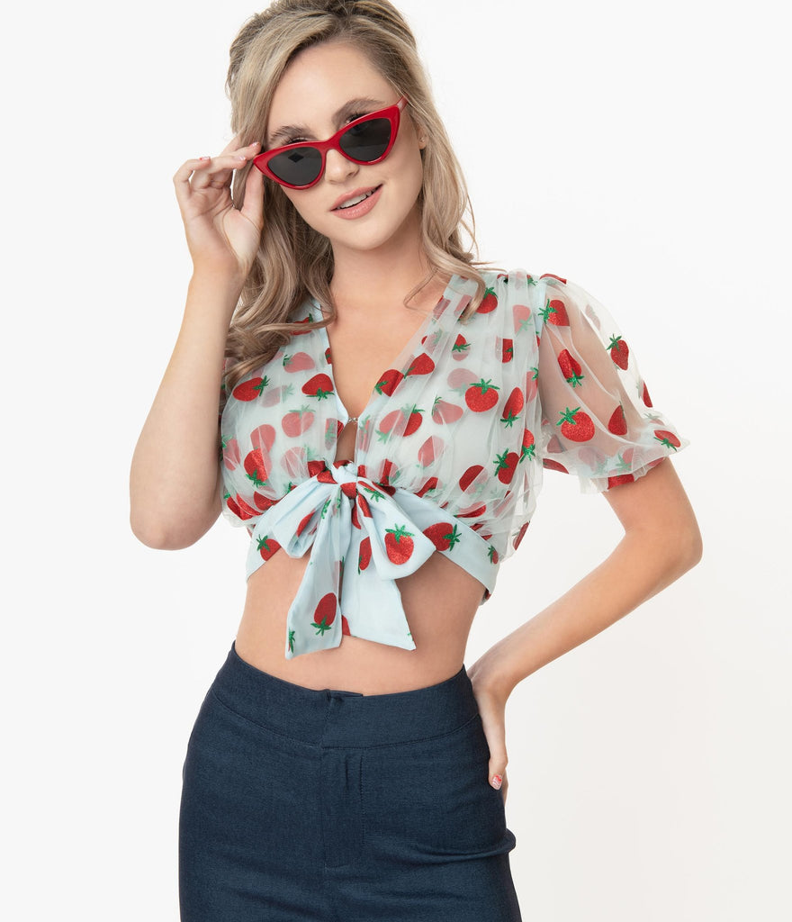 Smak Parlour Blue & Red Strawberry Roller Queen Crop Blouse (XS, XL and 1XL ONLY)