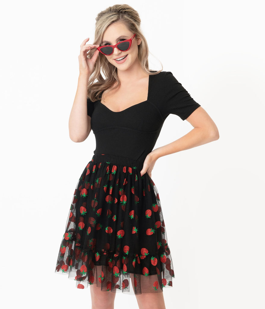 Smak Parlour Black & Strawberry Print Twirl Power Skirt (S and M ONLY)