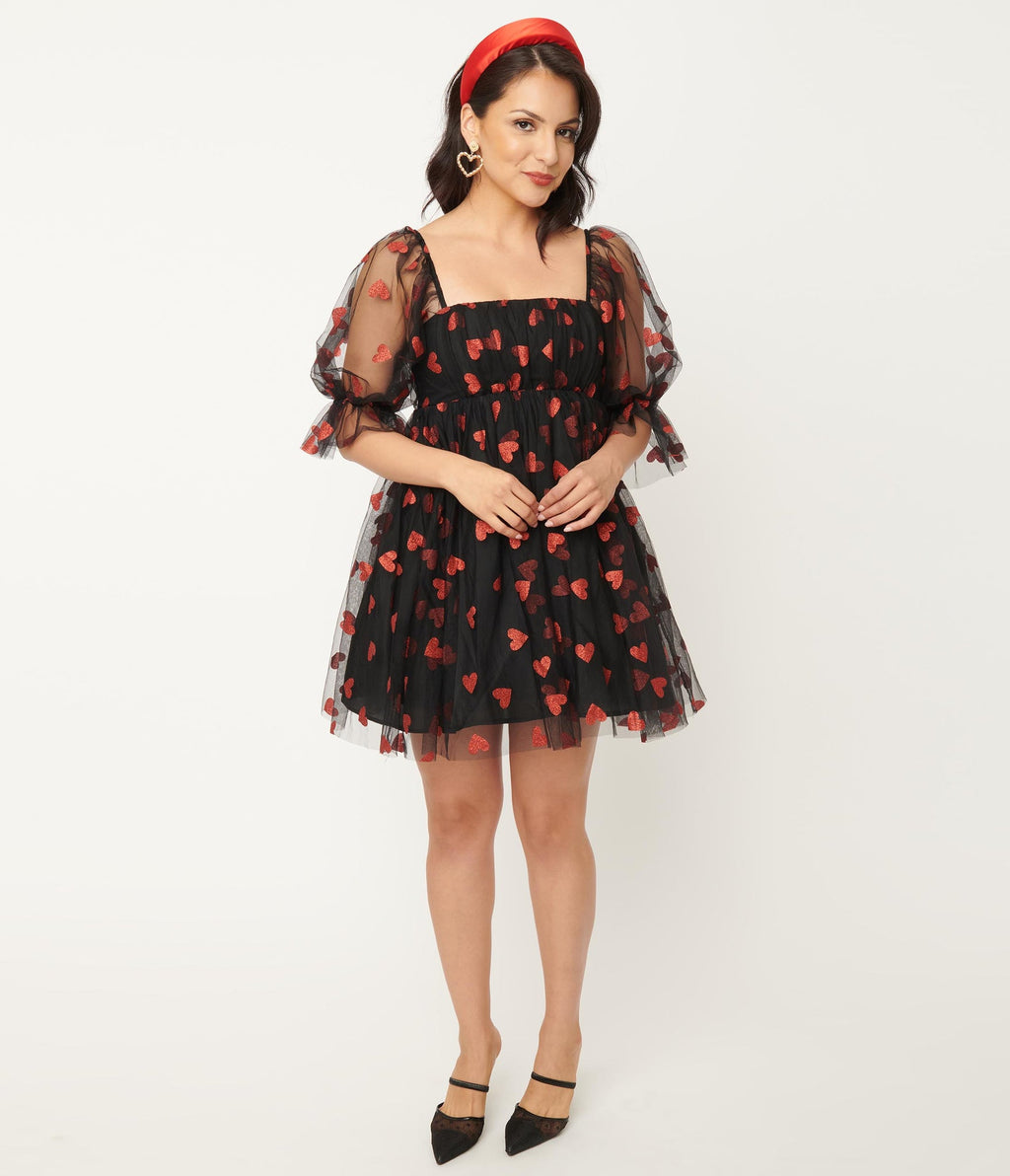 Smak Parlour Black & Red Glitter Hearts Love Interest Babydoll Dress (XS, S and M ONLY)