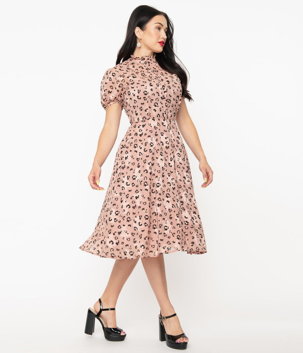 Unique Vintage Pink & Leopard Print Leota Swing Dress (M, XL and 1XL ONLY)