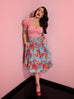 Vacation Swing Skirt in Vintage Blue and Red Rose Print