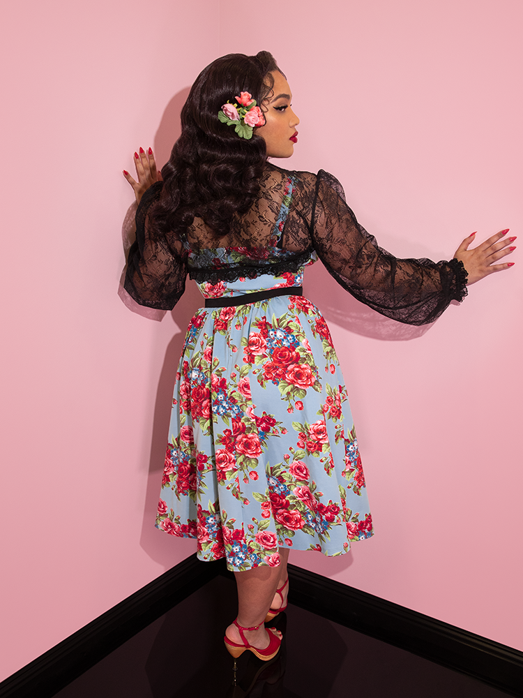Ingenue Dress in Vintage Blue and Red Rose Print XS ONLY