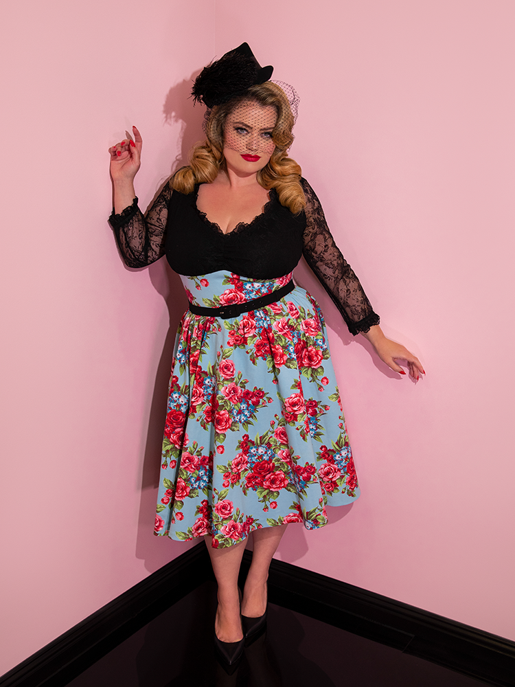 Romantique Swing Dress in Vintage Blue and Red Rose Print