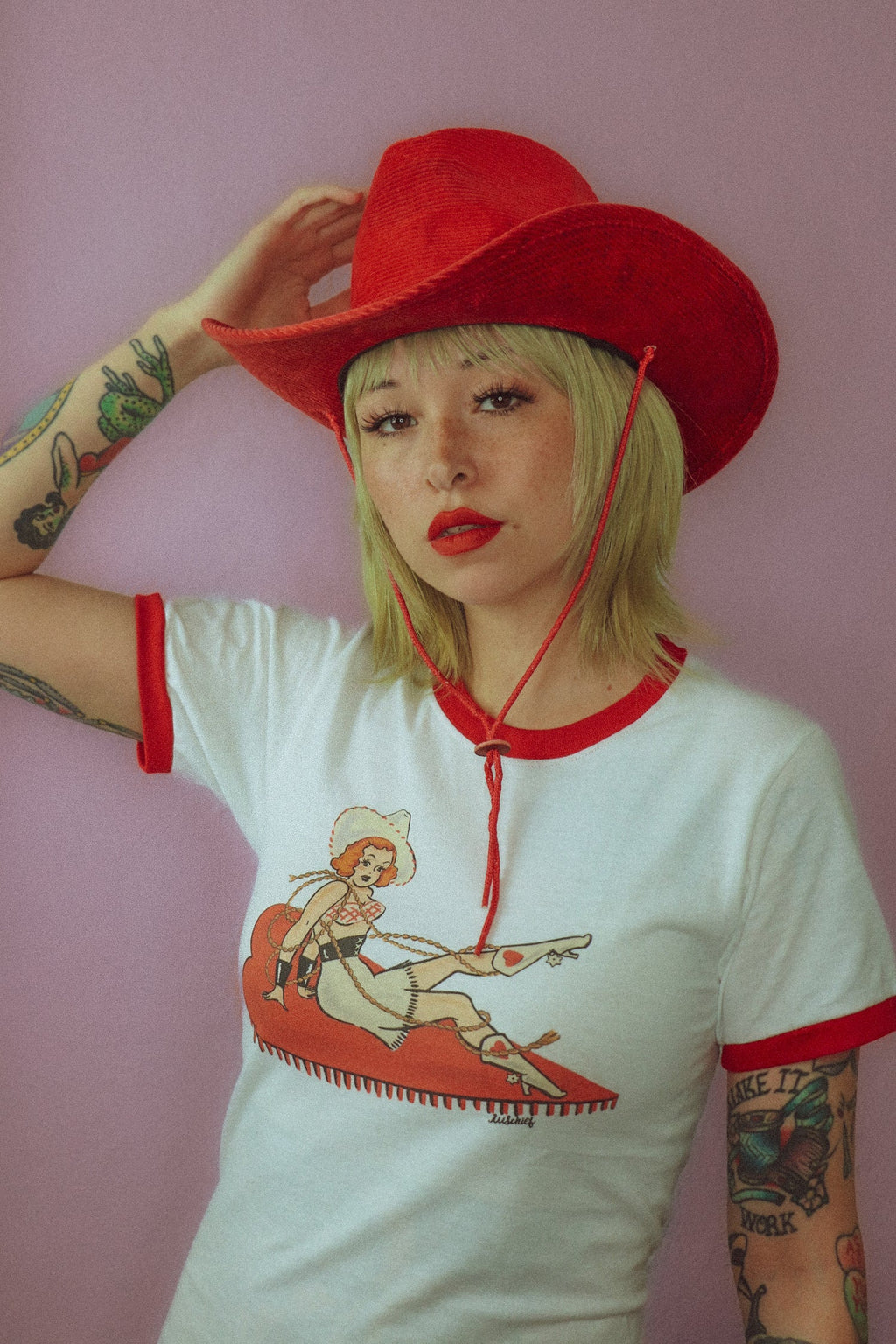 Rope You In! Unisex Ringer T-Shirt in White/Pio Red (L, XL and 2XL ONLY)
