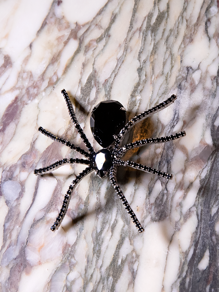 Black Widow Rhinestone Spider Brooch - Black