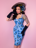 Sweetheart Wiggle Dress in Blue Vintage Roses - Natasha Marie Clothing