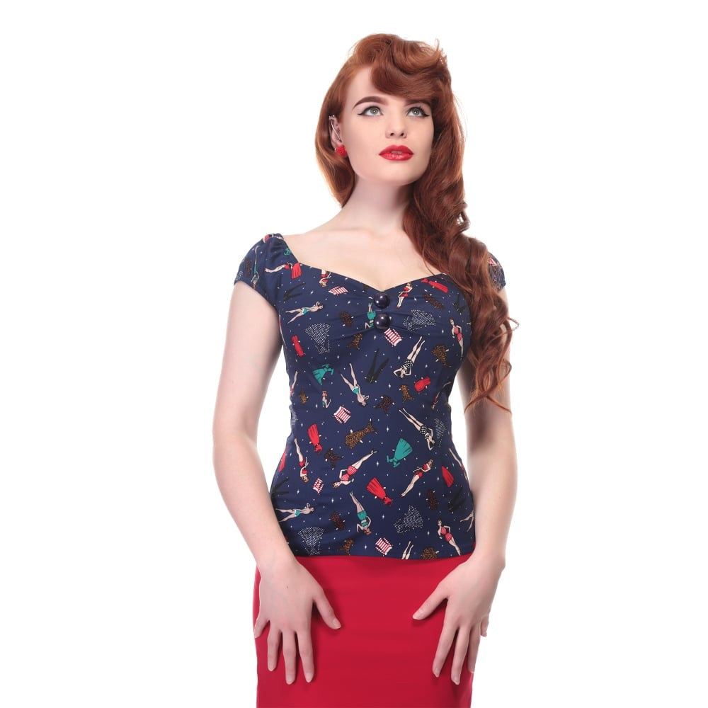 Dolores Top in Paper Pinup Doll Print (XXS and XS ONLY) - Natasha Marie Clothing