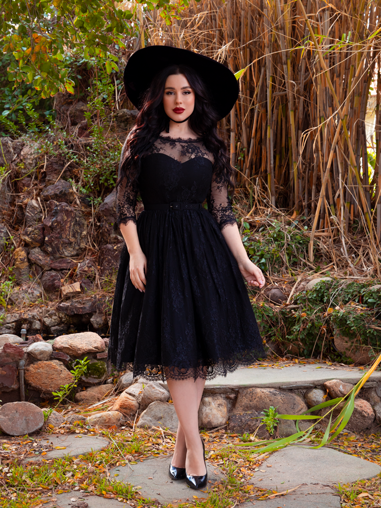 Black lace tea length on sale dress